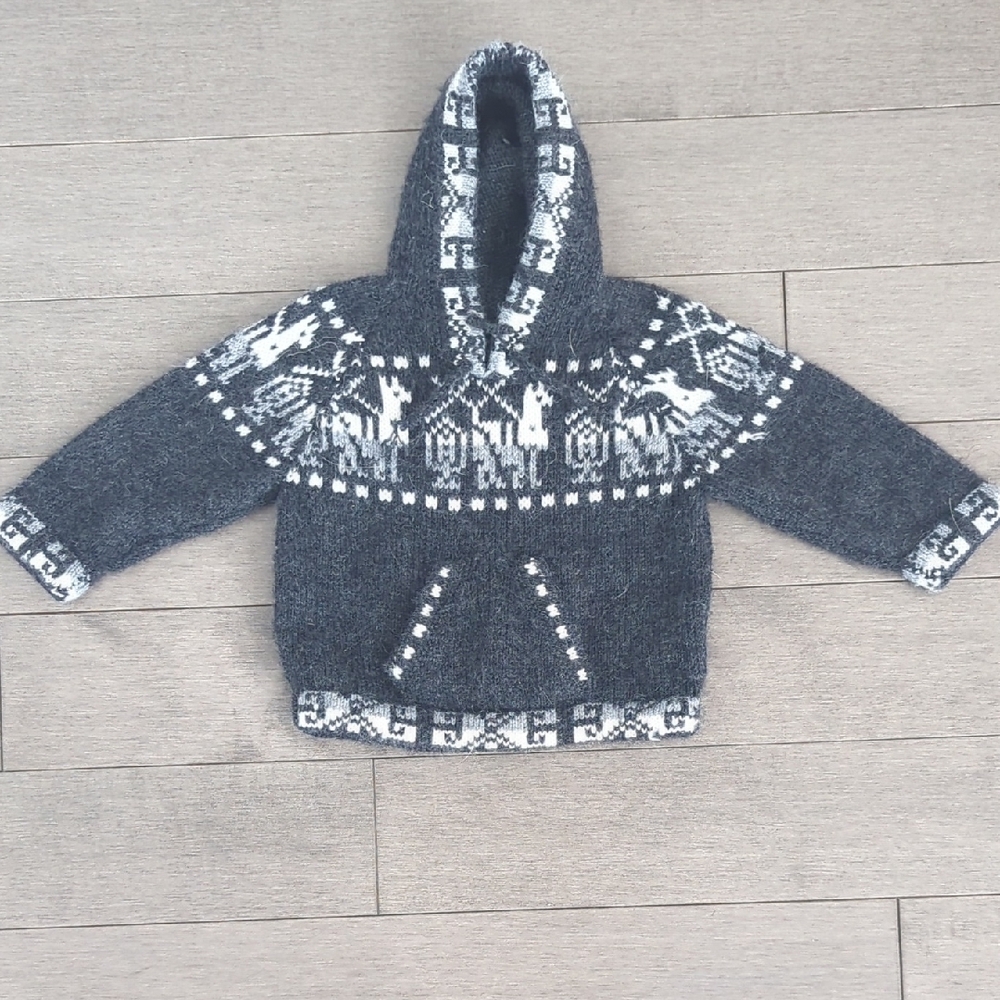 Cozy Gray Knit Hoodie for Baby Alpaca Wool Size 0-2 Month